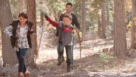 Two-kids-running-ahead-of-their-dad-in-a-forest,-front-view