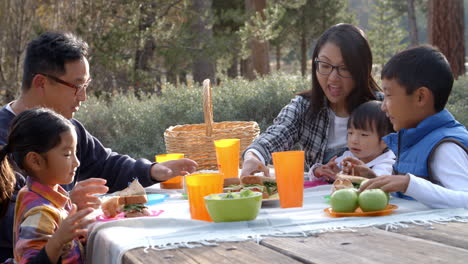 Parents-and-kids-sharing-food-at-a-picnic-table,-side-view