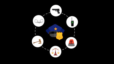 a-police-officer's-hat,-handcuffs,-and-other-law-related-objects-concept-animation-with-alpha-channel