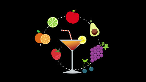 Ein-Buntes-Cocktailglas-Mit-Obst,-Einem-Strohhalm-Und-Gemüse,-Wodurch-Eine-Lebendige-Und-Erfrischende-Getränkekonzeptanimation-Mit-Alphakanal-Entsteht