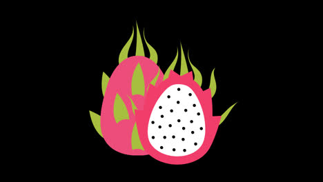 Una-Fruta-De-Dragón-Rosa-Cortada-Por-La-Mitad-Con-Animación-Conceptual-De-Hojas-Verdes-Con-Canal-Alfa