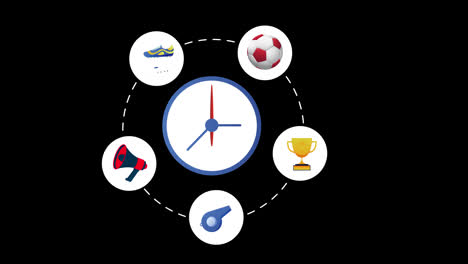 a-clock-with-a-bunch-of-icons-soccer-balls,-trophies-and-megaphone-concept-animation-with-alpha-channel