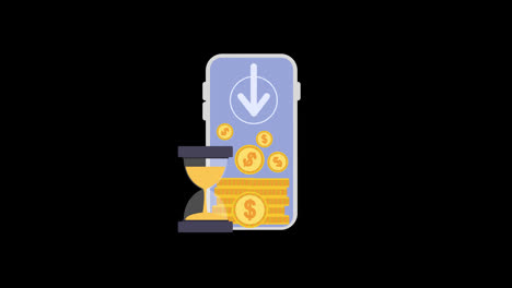 a-pile-of-money-next-to-a-smart-phone-hourglass-concept-animation-with-alpha-channel