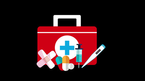 A-medical-kit-with-bandages,-syringes,-pills-and-other-medical-supplies-for-emergency-medical-treatment-concept-animation-with-alpha-channel