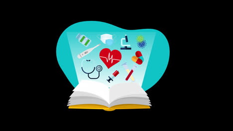 An-open-book-with-medical-icons,-representing-healthcare-and-medicine-concept-animation-with-alpha-channel
