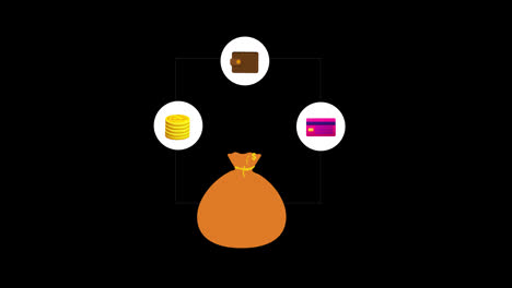 Eine-Tüte-Geld-Und-Ein-Stapel-Münzen-Mit-Einer-Brieftasche-Und-Kreditkarten-Konzeptanimation-Mit-Alphakanal