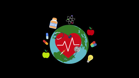 Globe-with-heart-and-medical-healthcare-items-surrounded-concept-animation-with-alpha-channel