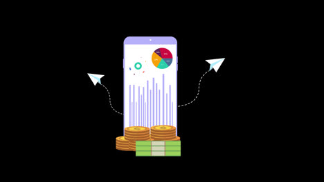 a-phone-with-a-stack-of-coins-and-a-paper-airplane,-pie-chart-inside-mobile-concept-animation-with-alpha-channel