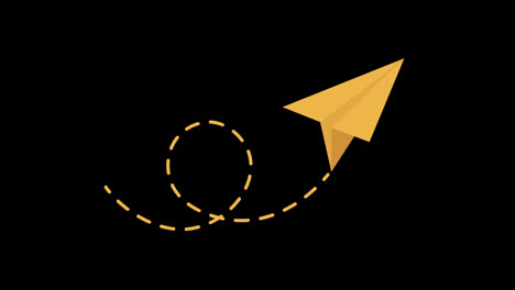 Ein-Gelbes-Papierflugzeug,-Das-Durch-Ein-Gepunktetes-Liniensymbol-Konzeptschleifen-Animationsvideo-Mit-Alphakanal-Fliegt