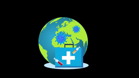 Ein-Globus-Mit-Einem-Medizinischen-Kit-Vor-Einer-Tüte-Medizinischer-Versorgung,-Coronavirus-Konzeptanimation-Mit-Alphakanal