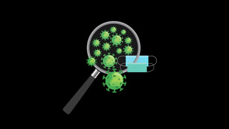 A-magnifying-glass-with-green-bacteria-and-a-medical-mask-concept-animation-with-alpha-channel