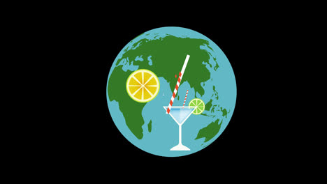 Tropischer-Cocktail-Und-Weltkarte-Als-Symbol-Für-Freizeit-Und-Reisen.-Der-Cocktail-Ein-Gestreifter-Strohhalm,-Entspannung-Und-Globaler-Tourismus.