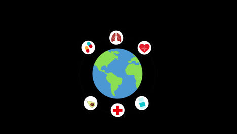 Ein-Globus-Mit-Medizinischen-Symbolen-Rund-Um-Den-Weltgesundheitstag,-Globales-Wohlbefinden-Und-Sensibilisierung-Für-Gesundheitsthemen,-Konzeptanimation-Mit-Alphakanal