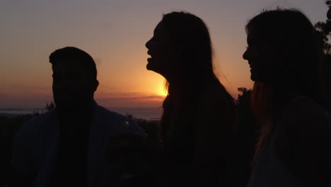 Silhouetted-friends-talking-on-a-rooftop-at-sunset,-close-up,-shot-on-R3D