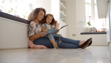Mother-sitting-on-the-floor-reading-a-book-with-her-daughter
