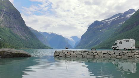 Family-vacation-travel-RV,-holiday-trip-in-motorhome.-Beautiful-Nature-Norway-natural-landscape.