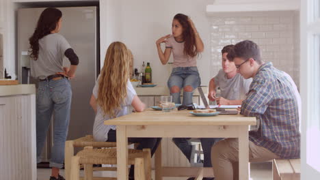 Teenage-friends,-studying-and-talking-in-kitchen,-shot-on-R3D