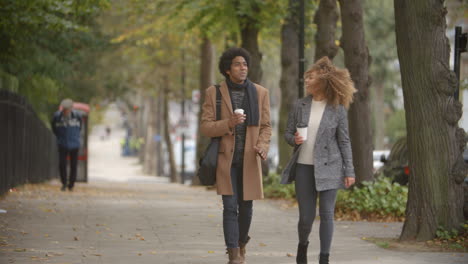 Stylish-Couple-Walk-On-Fall-Street-In-City-In-Slow-Motion
