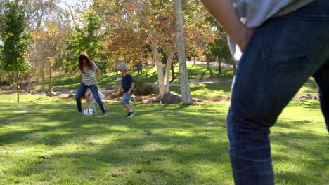 Slow-Motion-Sequence-Of-Family-Playing-Soccer-In-Park