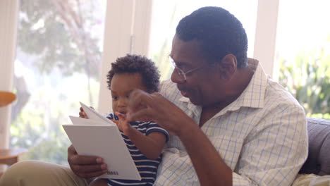 Grandfather-And-Grandson-Reading-Book-At-Home-Together