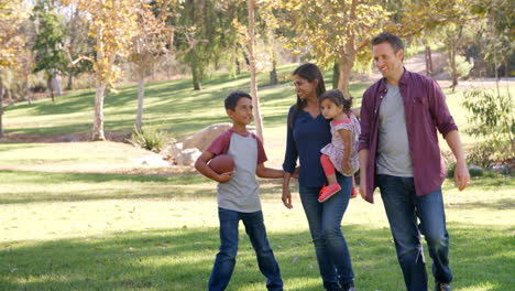 Mixed-race-family-walking-in-a-park,-front-view