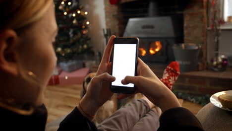 Frau-Online-Mit-Handy-Im-Zimmer-Bereit-Für-Weihnachten
