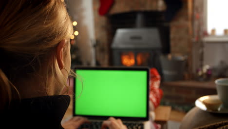 Woman-On-Line-With-Laptop-In-Room-Ready-For-Christmas