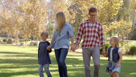 Young-white-family-walk-holding-hands-in-a-park-in-the-sun