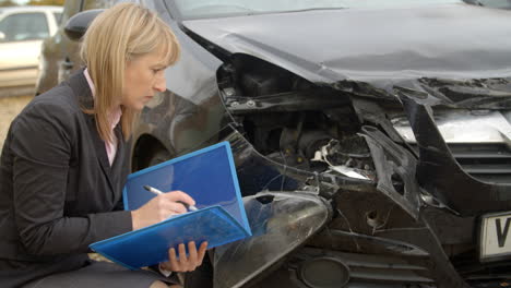 Female-Loss-Adjuster-Writing-Report-On-Damaged-Car