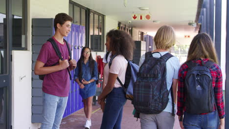 Teenage-classmates-stand-talking-in-high-school-hallway