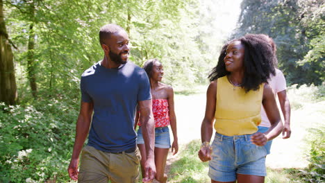 Two-black-couples-walking-together-in-woods,-close-up