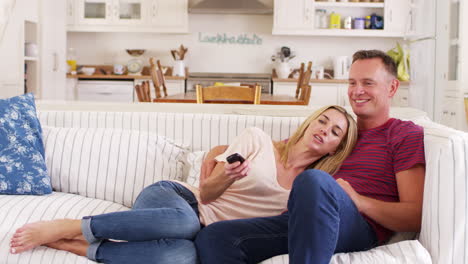 Couple-Sitting-On-Sofa-Watching-Television-Together