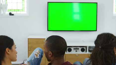 Rear-View-Of-Group-Of-Young-Friends-Watching-Television-Together