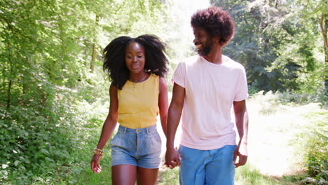 A-black-couple-holding-hands-during-a-walk-in-a-forest