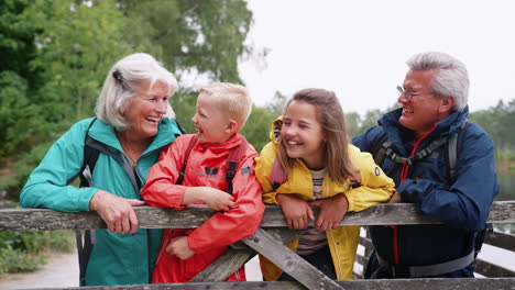 Grandparents-and-grandchildren-leaning-on-a-wooden-fence-in-the-countryside-laughing,-Lake-District,-UK