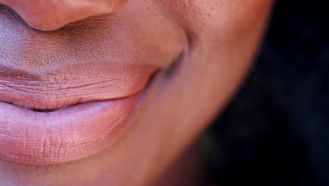 Eine-Seite-Des-Mundes-Einer-Lächelnden-Schwarzen-Frau,-Detail
