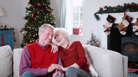 Porträt-Eines-älteren-Paares,-Das-Am-Weihnachtstag-Zu-Hause-Auf-Dem-Sofa-In-Der-Lounge-Sitzt