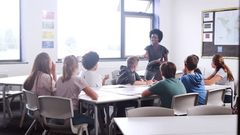 Female-High-School-Tutor-Standing-By-Table-With-Students-Teaching-Lesson