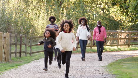 Niños-Corriendo-Adelante-Como-Familia-Multigeneracional-En-Otoño-Caminando-Juntos-En-El-Campo
