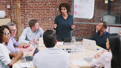 Mature-Businesswoman-Standing-And-Leading-Office-Meeting-Around-Table