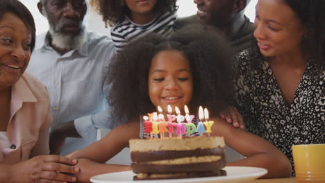 Mehrgenerationenfamilie-Feiert-Den-Geburtstag-Ihrer-Enkelin-Zu-Hause-Mit-Kuchen-Und-Kerzen