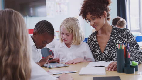 Lehrerin-Mit-Zwei-Grundschülern-In-Uniform-Mit-Digitalem-Tablet-Am-Schreibtisch