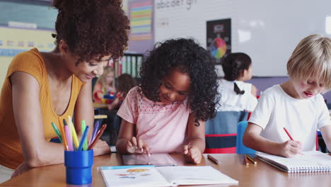 Female-Elementary-School-Teacher-Sitting-At-Desk-Helping-Pupils-In-Classroom