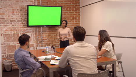 Businesswoman-Standing-By-Screen-To-Deliver-Presentation