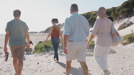 Familia-Multigeneracional-En-Vacaciones-De-Verano-Caminando-Por-Un-Sendero-Arenoso-Camino-A-La-Playa