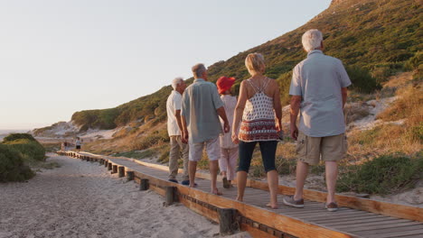 Rear-View-Of-Senior-Friends-Walking-Along-Boardwalk-At-Beach-On-Summer-Group-Vacation