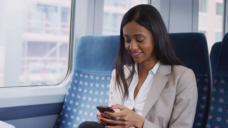 Mujer-De-Negocios-Sentada-En-El-Tren-Viajando-Al-Trabajo-Mediante-Teléfono-Móvil