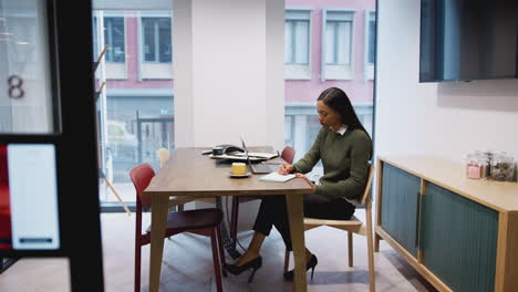 Businesswoman-Working-On-Laptop-At-Desk-In-Meeting-Room