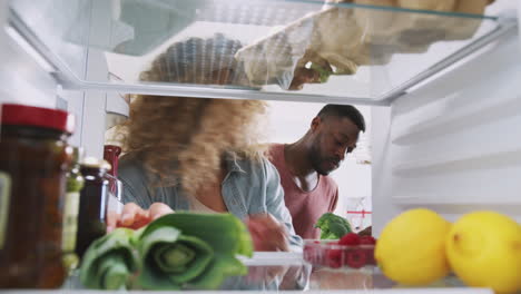 View-Looking-Out-From-Inside-Of-Refrigerator-As-Couple-Open-Door-And-Unpacks-Shopping-Bag-Of-Food