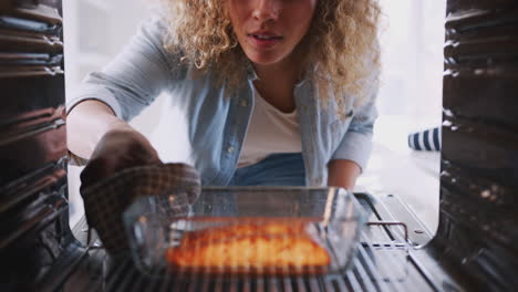View-Looking-Out-From-Inside-Oven-As-Woman-Cooks-Oven-Baked-Salmon